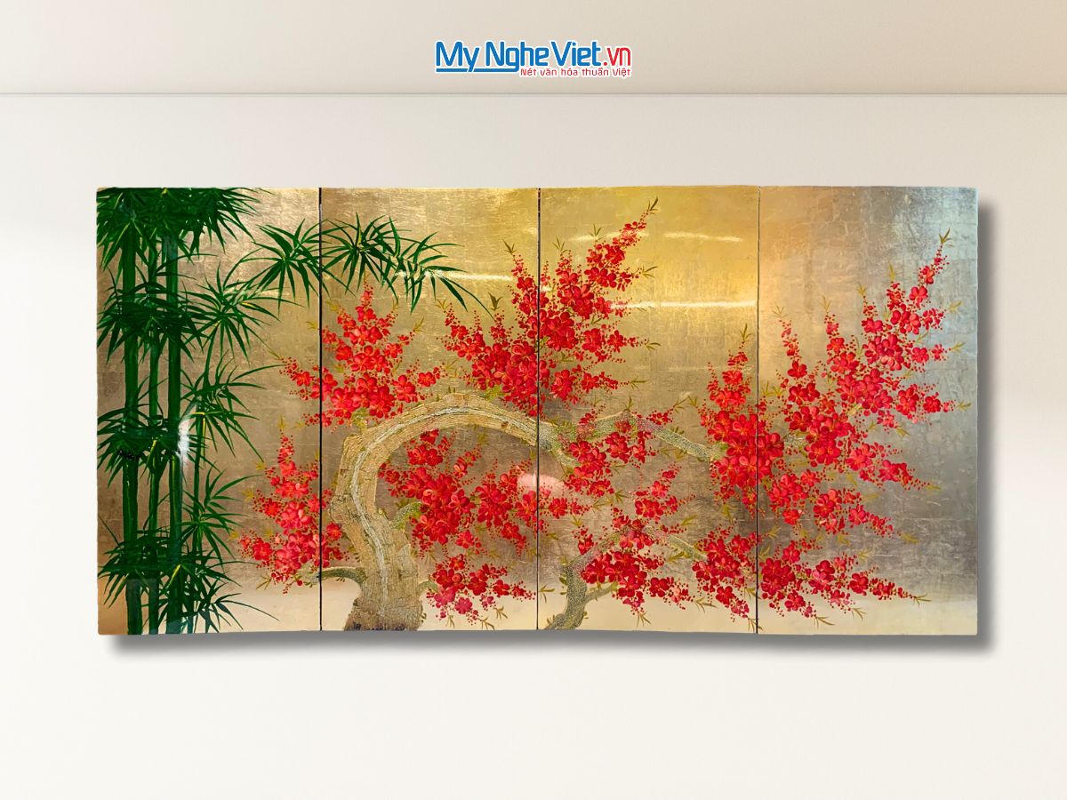  Bộ tranh sơn mài trúc đào nền vàng TSM3630.2
