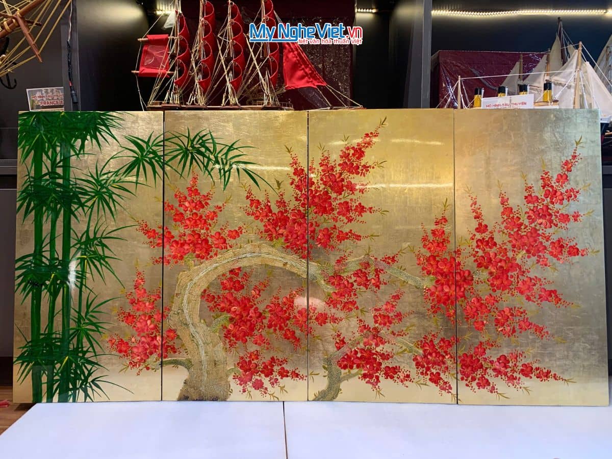  Bộ tranh sơn mài trúc đào nền vàng TSM3630.2