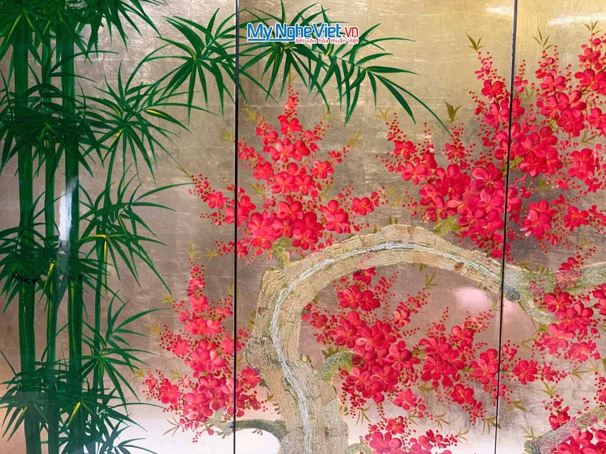  Bộ tranh sơn mài trúc đào nền vàng TSM3630.2