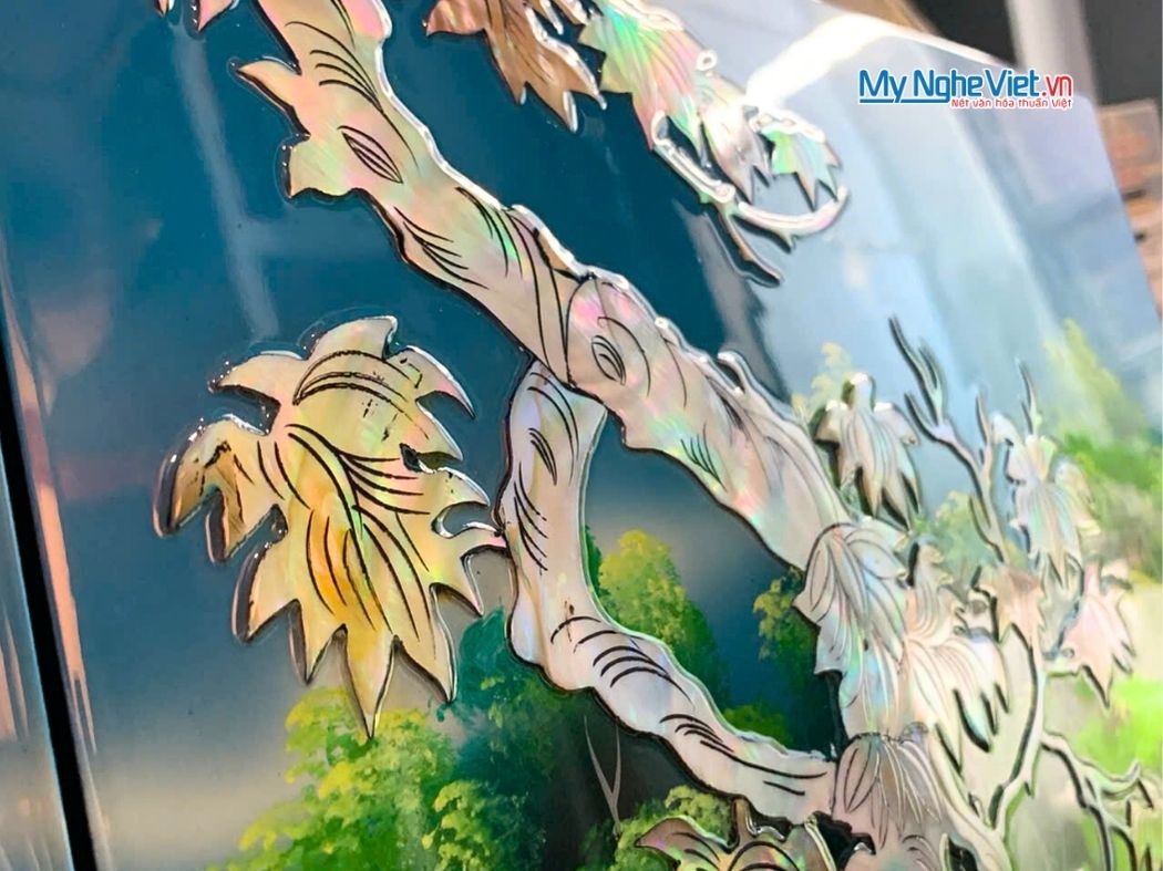 Bộ Tranh Sơn Mài Đồng Quê Cẩn Ốc Nổi Nền Xanh TSM36ĐQ