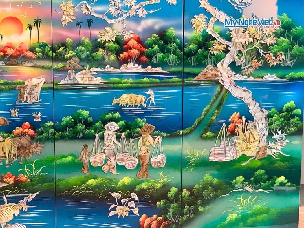 Bộ Tranh Sơn Mài Đồng Quê Cẩn Ốc Nổi Nền Xanh TSM36ĐQ