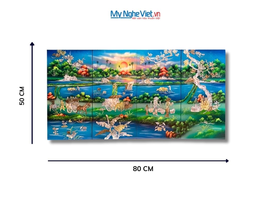 Bộ Tranh Sơn Mài Đồng Quê Cẩn Ốc Nổi Nền Xanh TSM36ĐQ