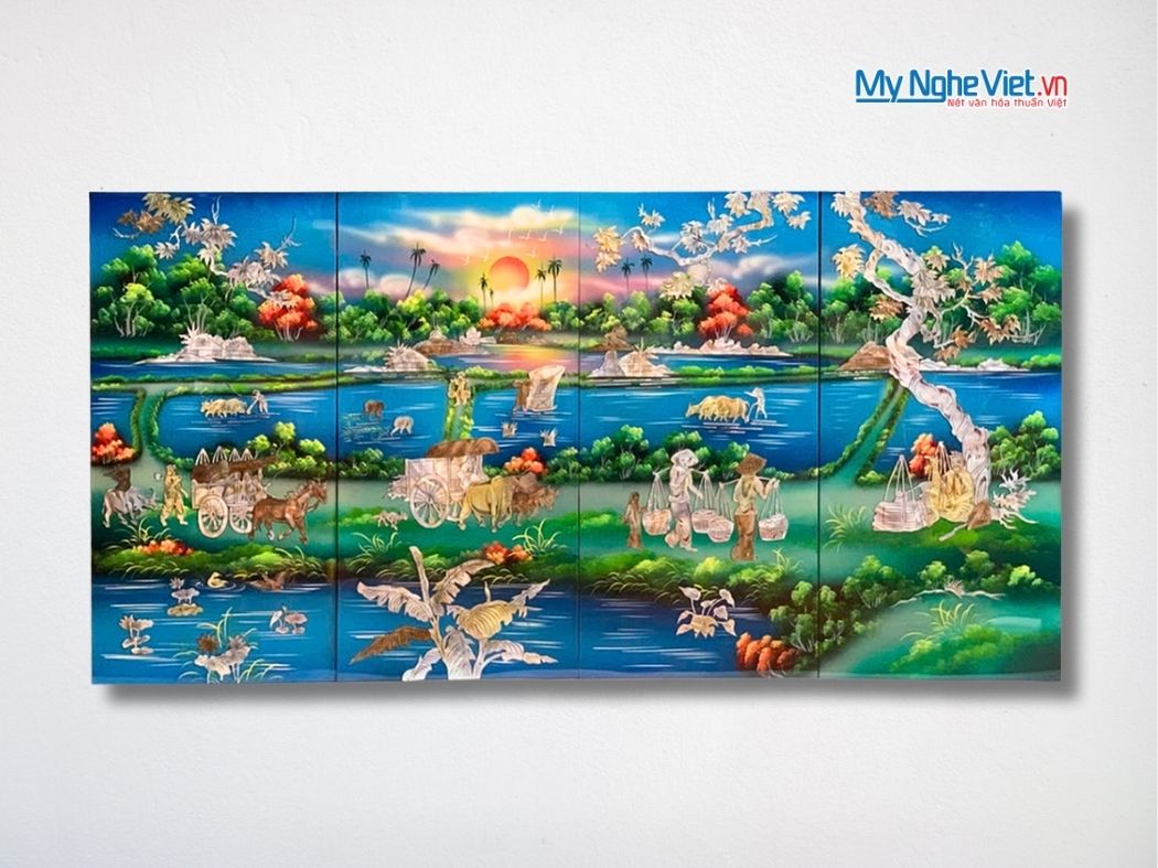 Bộ Tranh Sơn Mài Đồng Quê Cẩn Ốc Nổi Nền Xanh TSM36ĐQ