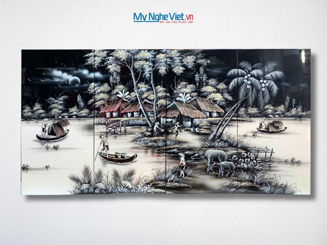 Bộ Tranh Sơn Mài Đồng Quê Trắng Đen TSM26