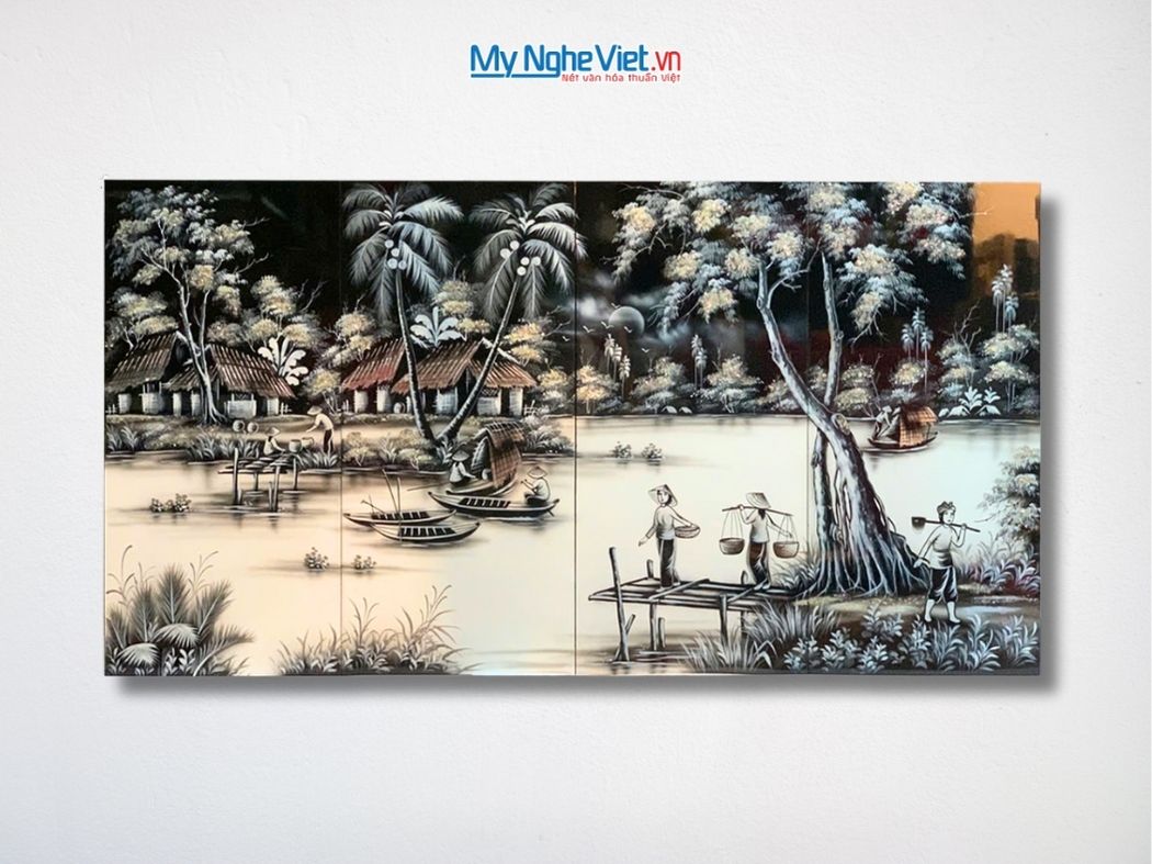 Bộ Tranh Sơn Mài Đồng Quê Trắng Đen TSM13-1