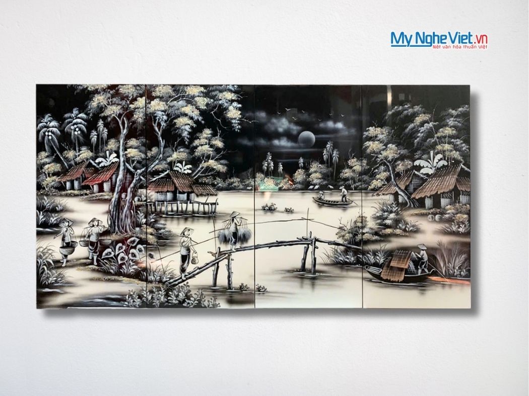 Bộ Tranh Sơn Mài Đồng Quê Trắng Đen TSM21