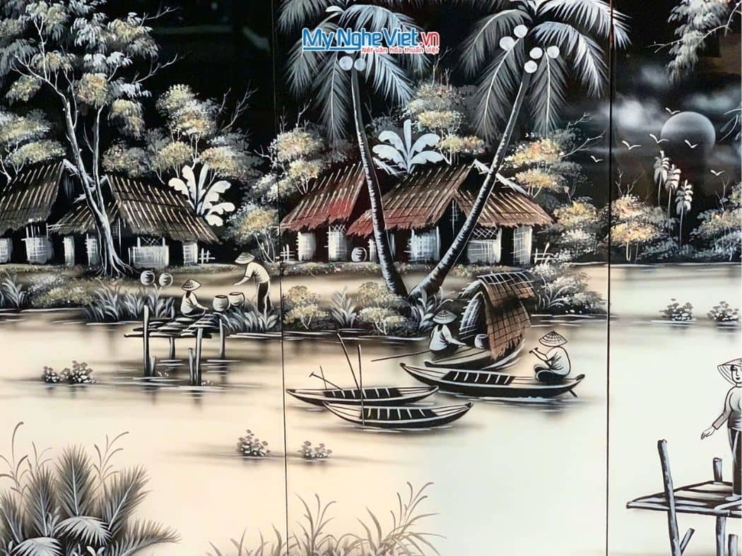 Bộ Tranh Sơn Mài Đồng Quê Trắng Đen TSM13-1