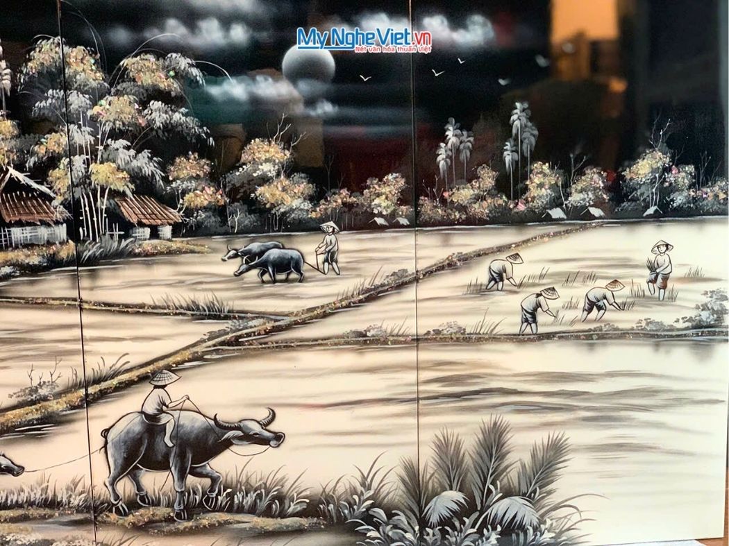 Bộ Tranh Sơn Mài Đồng Quê Trắng Đen TSM13