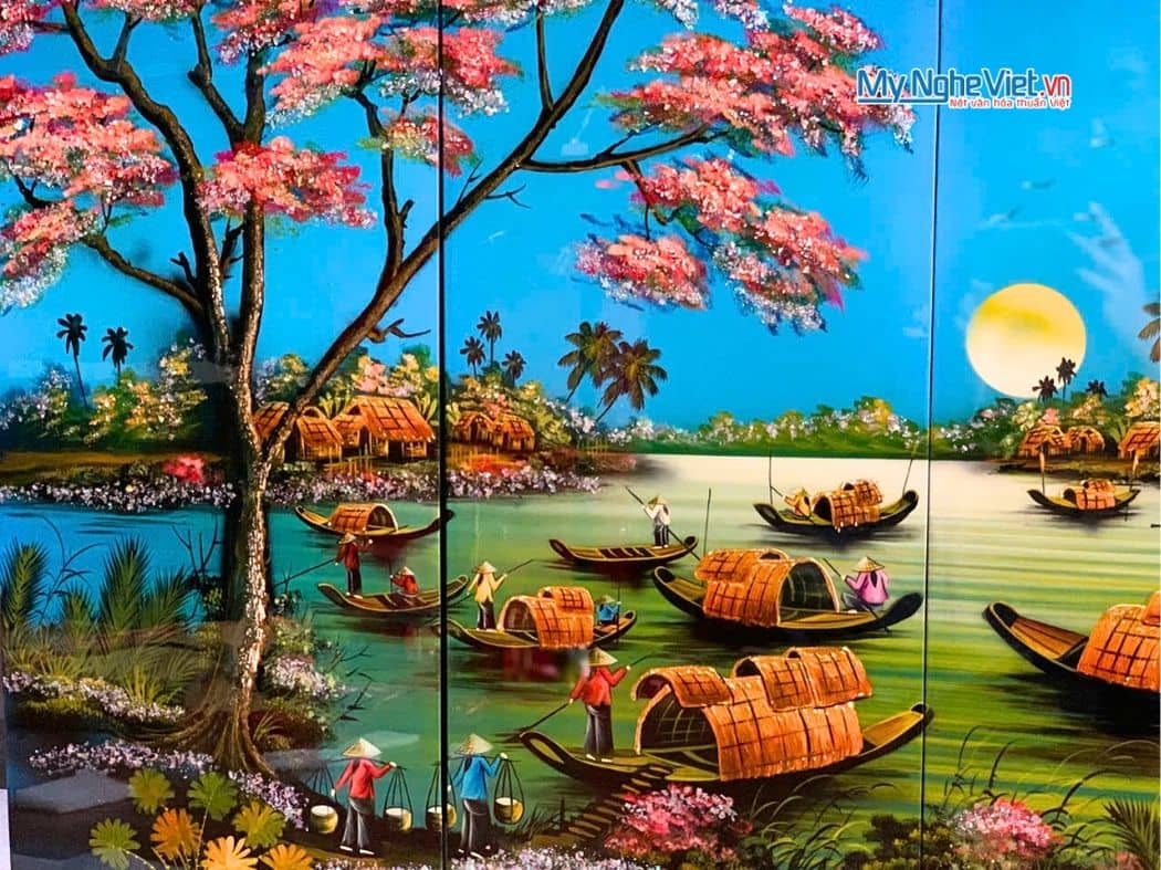 Bộ Tranh Sơn Mài Đồng Quê Xanh Dương MNV-TSM36-1