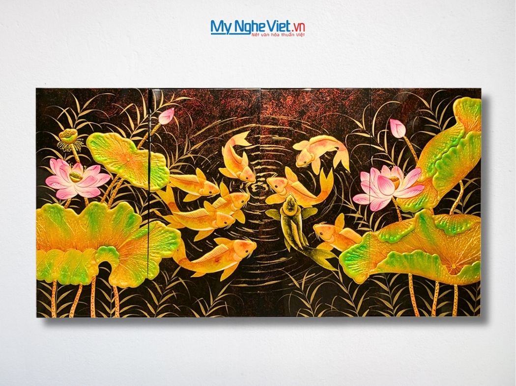 Bộ Tranh Sơn Mài Cửu Ngư Quần Hội Đắp Nổi MNV-TSM361