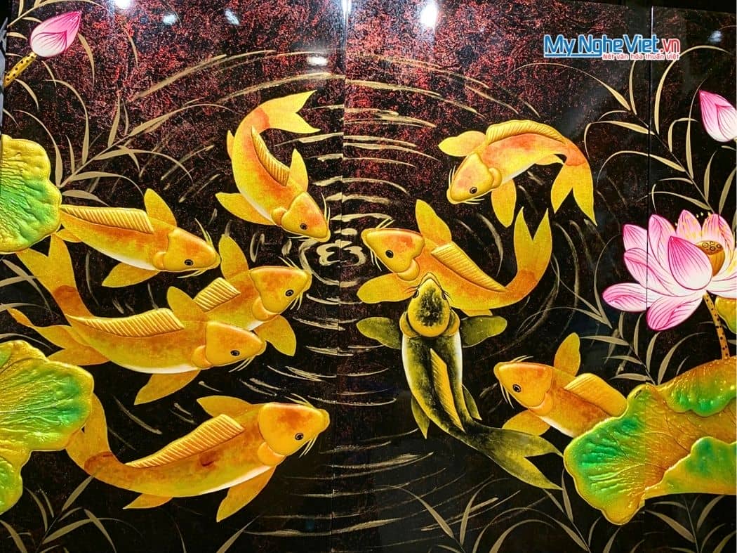 Bộ Tranh Sơn Mài Cửu Ngư Quần Hội Đắp Nổi MNV-TSM361