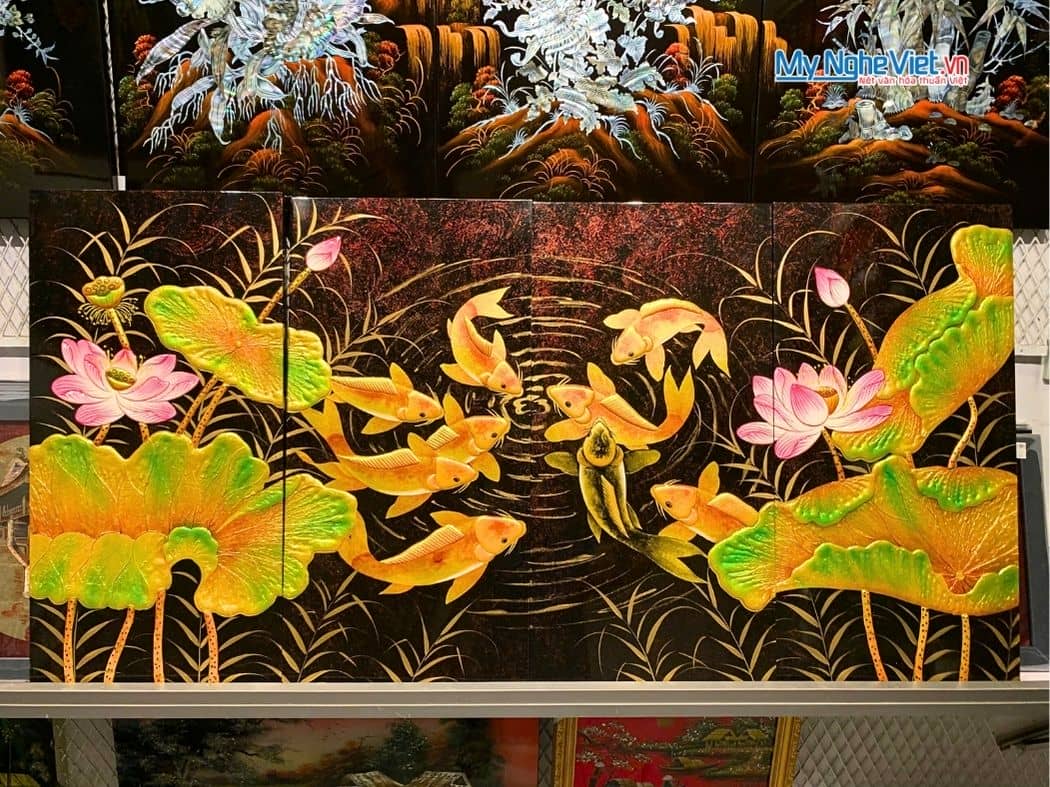 Bộ Tranh Sơn Mài Cửu Ngư Quần Hội Đắp Nổi MNV-TSM361