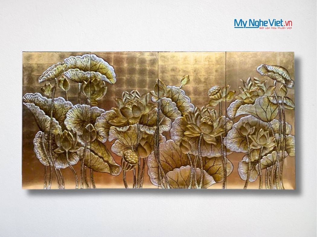 Bộ Tranh Sơn Mài Hoa Sen Dát Lá Vàng Đắp Nổi MNV-TSM36sen
