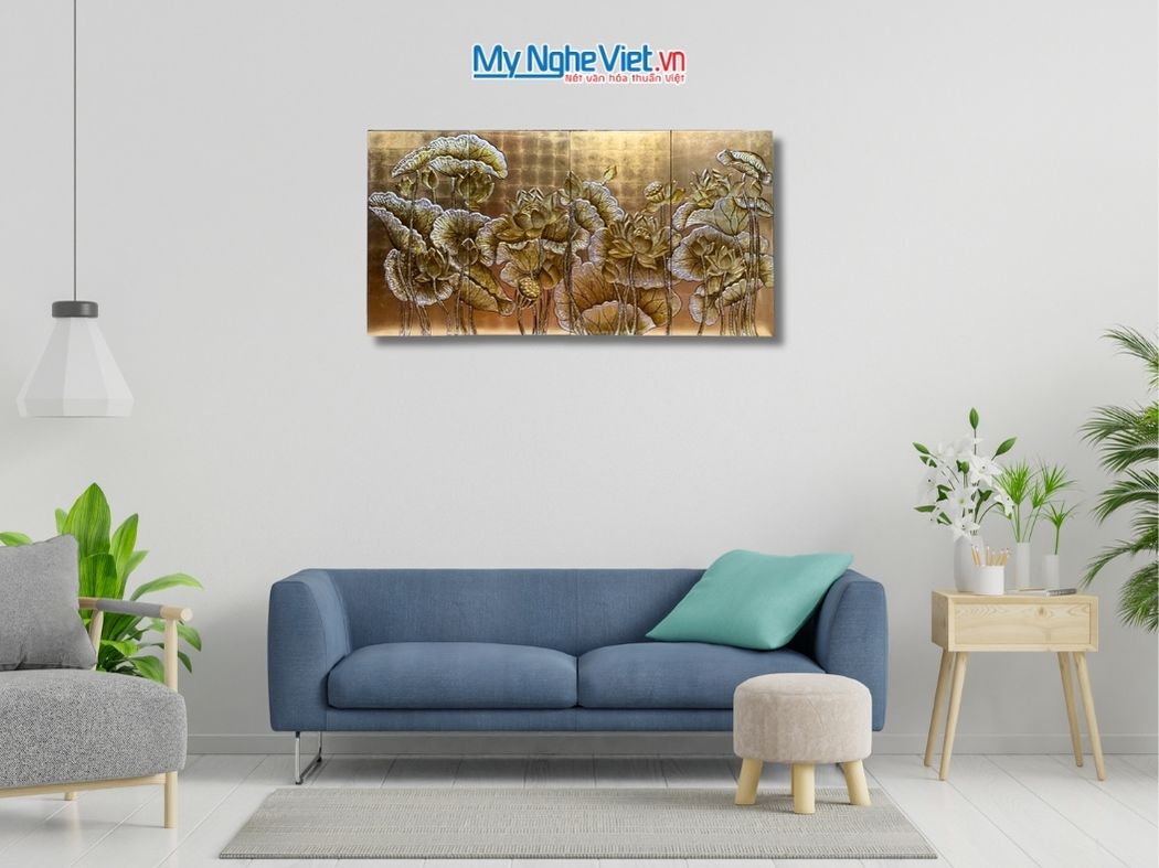 Bộ Tranh Sơn Mài Hoa Sen Dát Lá Vàng Đắp Nổi MNV-TSM36sen
