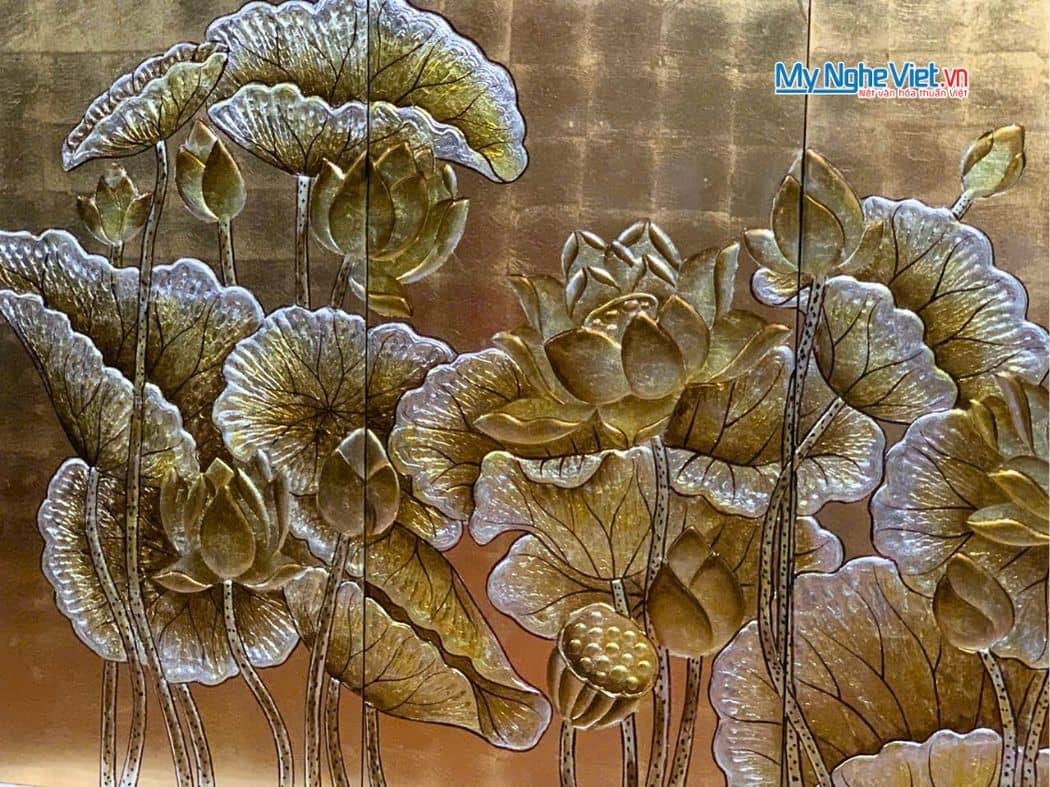 Bộ Tranh Sơn Mài Hoa Sen Dát Lá Vàng Đắp Nổi MNV-TSM36sen