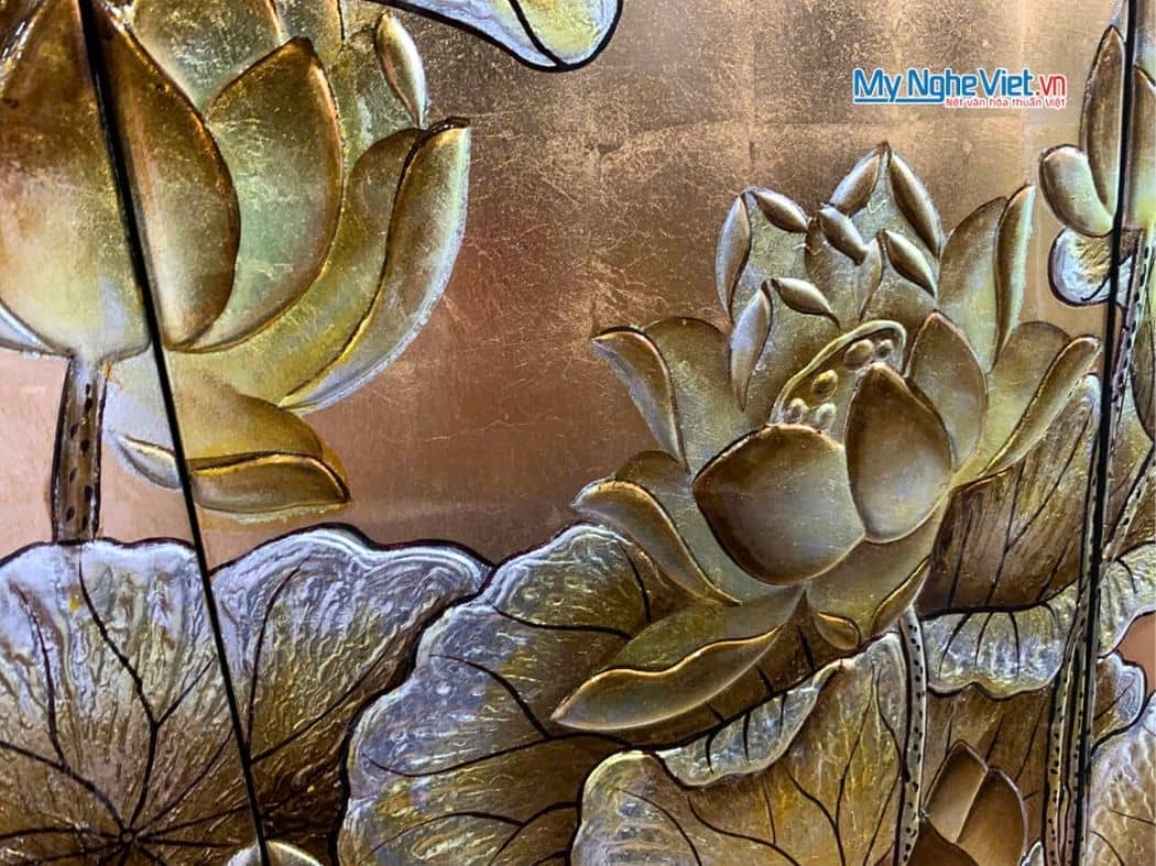 Bộ Tranh Sơn Mài Hoa Sen Dát Lá Vàng Đắp Nổi MNV-TSM36sen