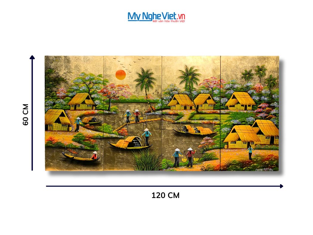 Bộ Tranh Sơn Mài Đồng Quê Đắp Vàng cẩn ốc cao cấp TSM363-4