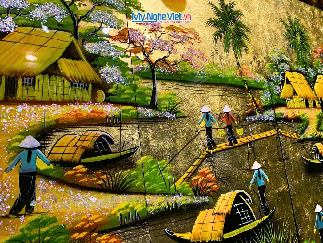 Bộ Tranh Sơn Mài Đồng Quê Đắp Vàng cẩn ốc cao cấp TSM363-4