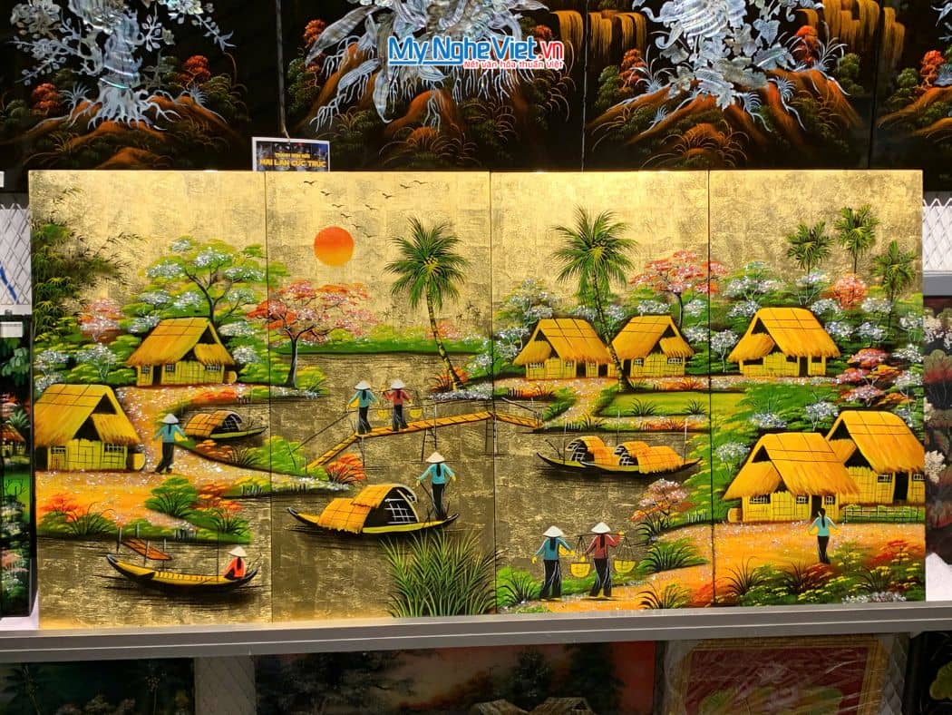 Bộ Tranh Sơn Mài Đồng Quê Đắp Vàng cẩn ốc cao cấp TSM363-4