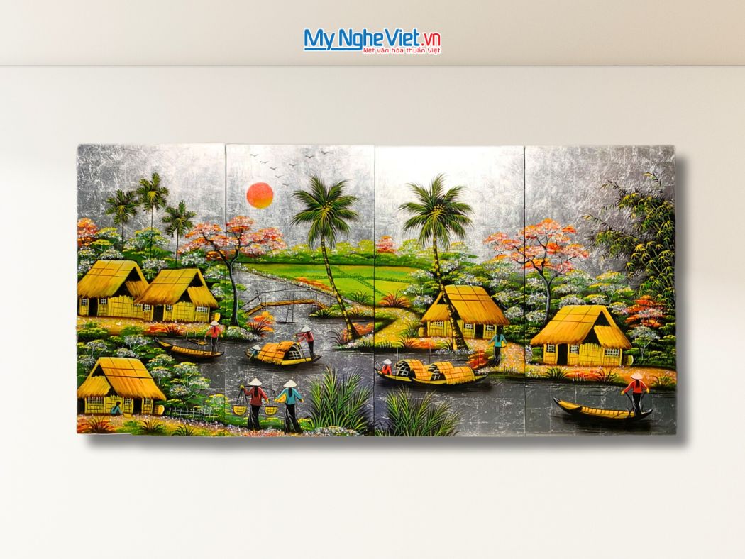 Bộ Tranh Sơn Mài Đồng Quê Đắp Bạc cẩn ốc cao cấp TSM363-4.1