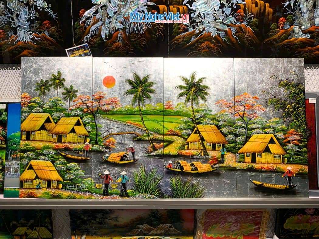 Bộ Tranh Sơn Mài Đồng Quê Đắp Bạc cẩn ốc cao cấp TSM363-4.1