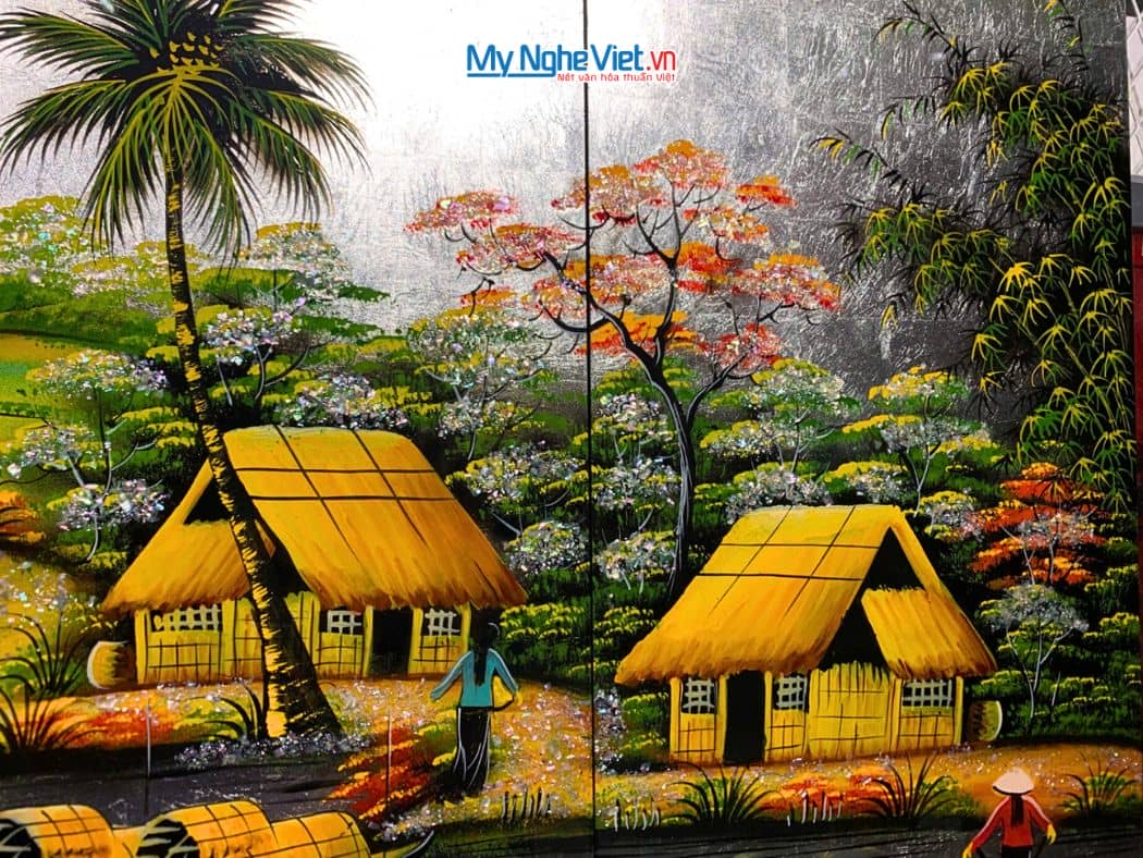 Bộ Tranh Sơn Mài Đồng Quê Đắp Bạc cẩn ốc cao cấp TSM363-4.1