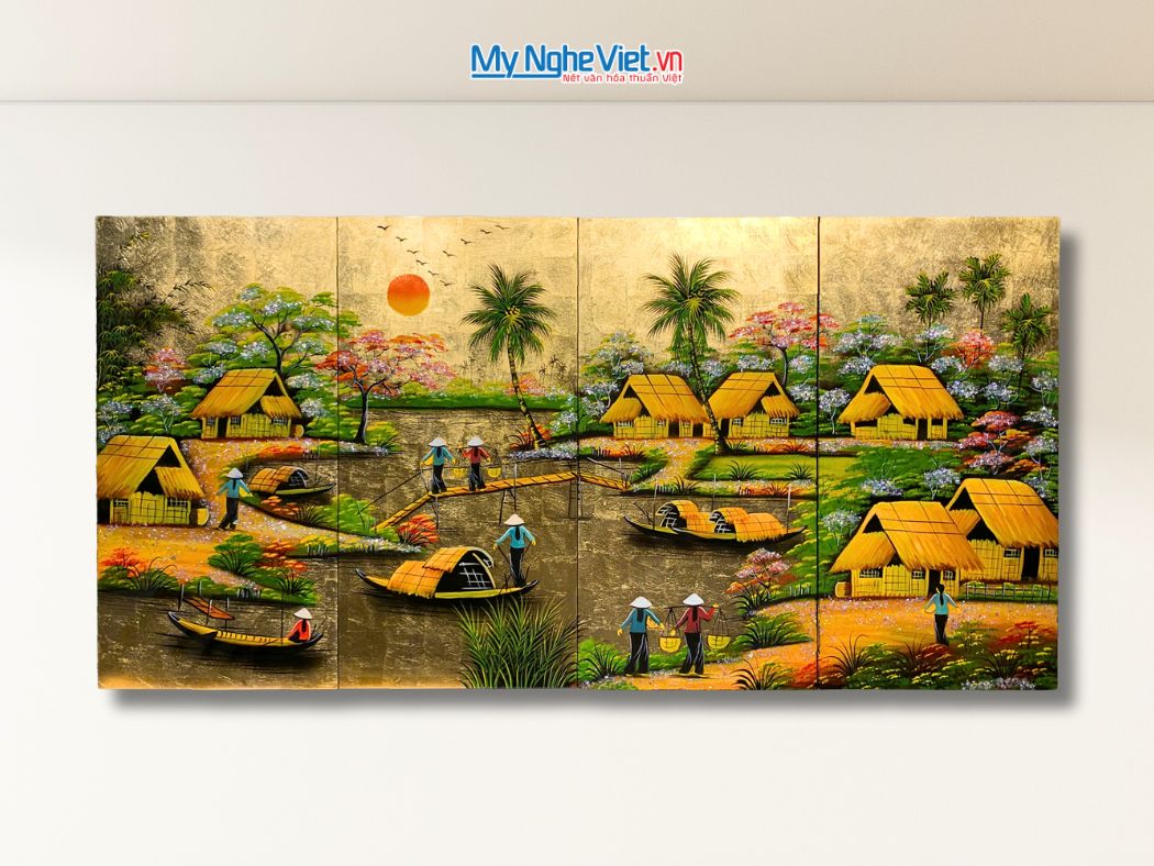 Bộ Tranh Sơn Mài Đồng Quê Đắp Vàng cẩn ốc cao cấp TSM363-4