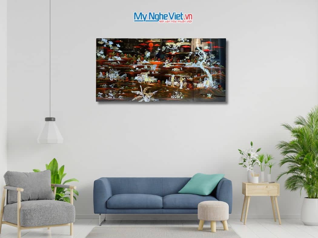 Bộ tranh sơn mài đồng quê nền ấm cẩn ốc chìm cao cấp TSM483-1