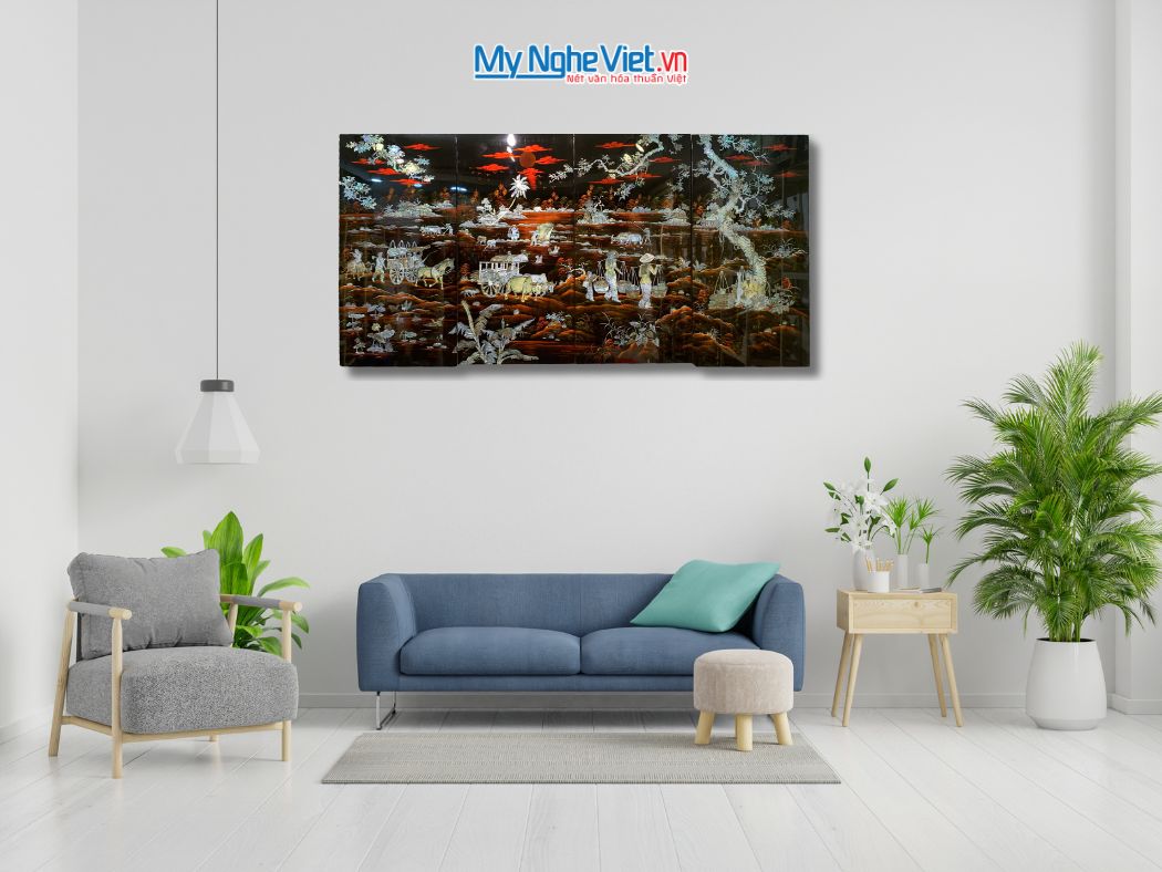 Bộ tranh sơn mài đồng quê nền ấm cẩn ốc chìm cao cấp TSM5103-1