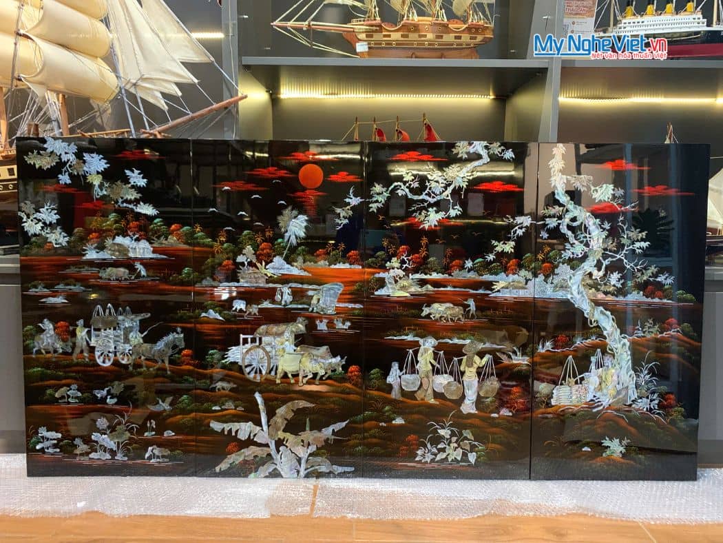 Bộ tranh sơn mài đồng quê nền ấm cẩn ốc chìm cao cấp TSM483-1