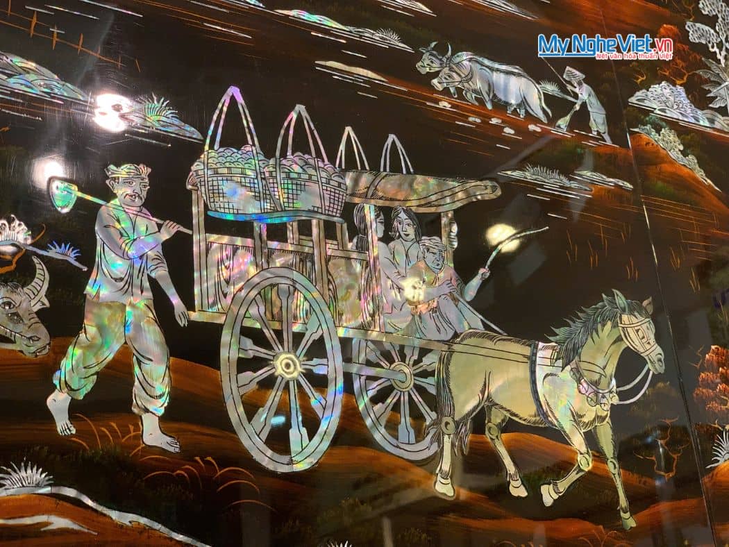 Bộ tranh sơn mài đồng quê nền ấm cẩn ốc chìm cao cấp TSM5103-1