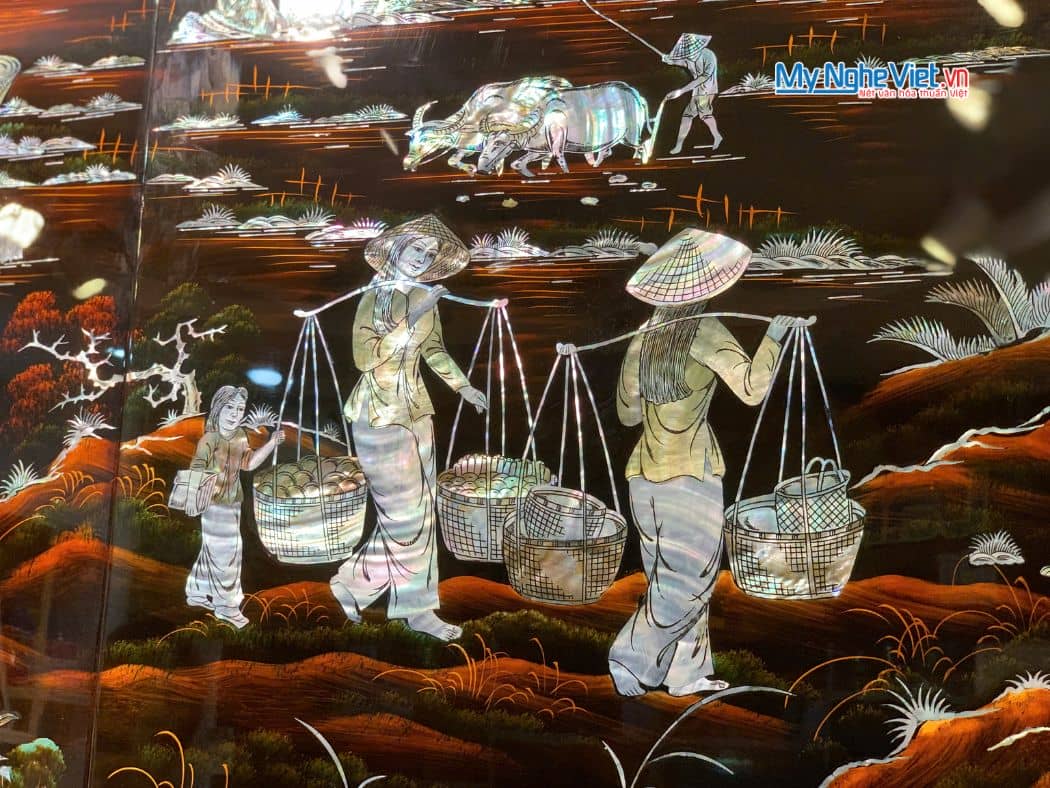 Bộ tranh sơn mài đồng quê nền ấm cẩn ốc chìm cao cấp TSM5103-1