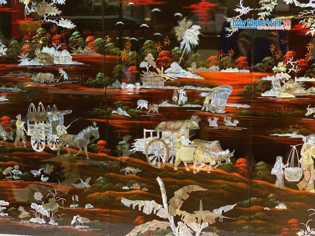 Bộ tranh sơn mài đồng quê nền ấm cẩn ốc chìm cao cấp TSM483-1