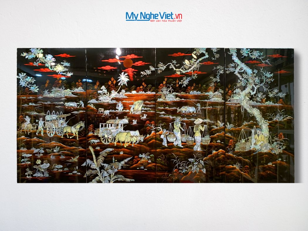 Bộ tranh sơn mài đồng quê nền ấm cẩn ốc chìm cao cấp TSM5103-1