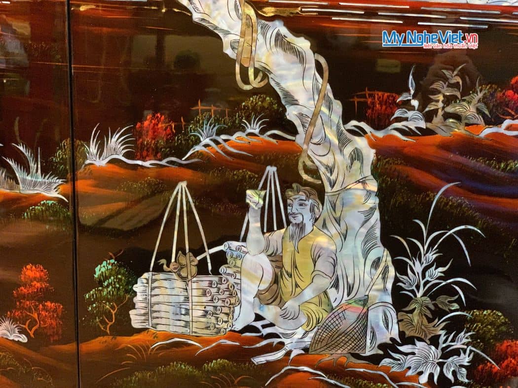 Bộ tranh sơn mài đồng quê nền ấm cẩn ốc chìm cao cấp TSM483-1