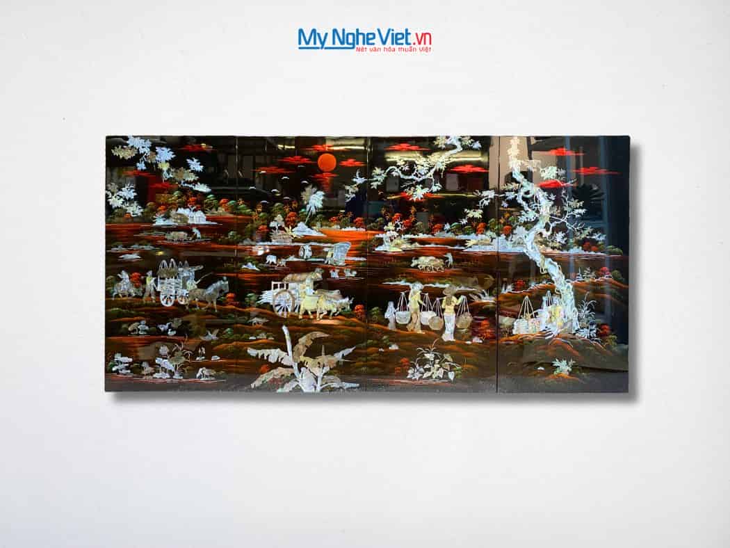 Bộ tranh sơn mài đồng quê nền ấm cẩn ốc chìm cao cấp TSM483-1