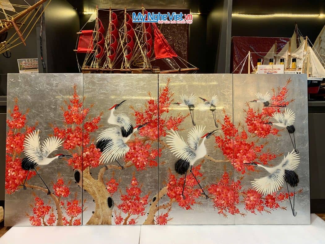  Bộ Tranh Sơn Mài Cò Đào Nền Bạc TSM3630.1