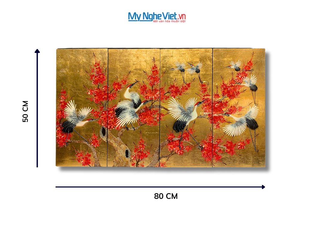 Bộ tranh sơn mài cò đào nền vàng (4 tấm) MNV-TSM2510