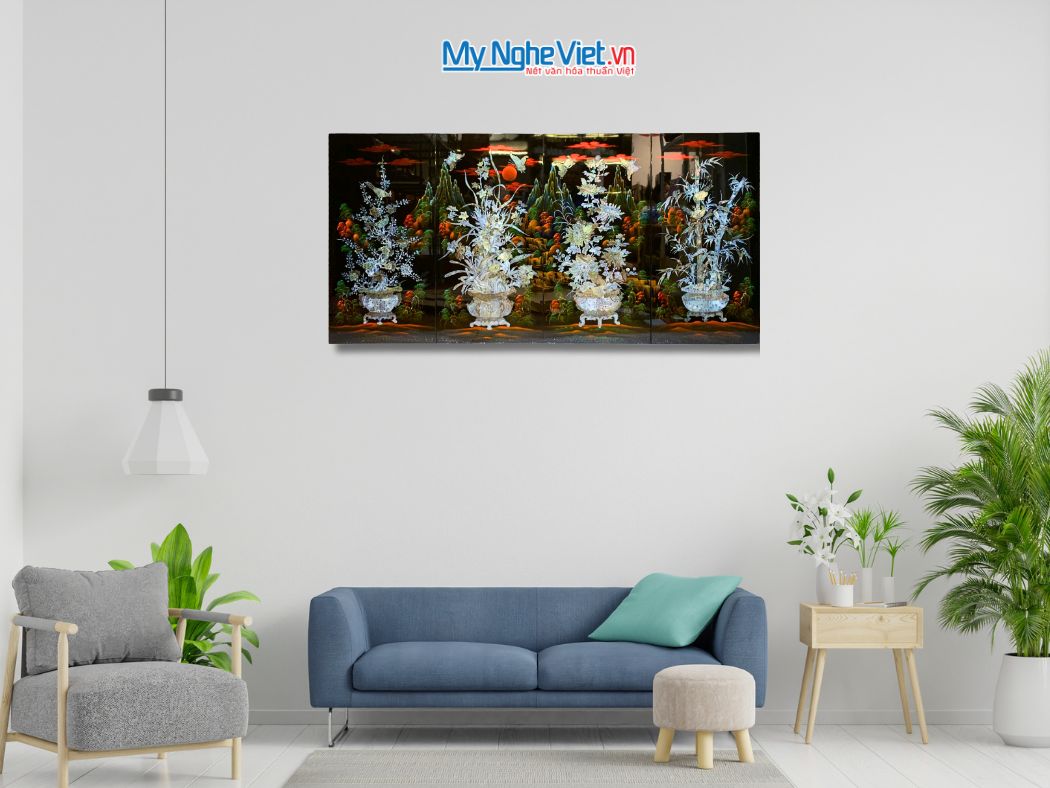 Bộ 4 tranh sơn mài mai lan cúc trúc nền ấm cẩn chìm chậu MNV-TSM22-1