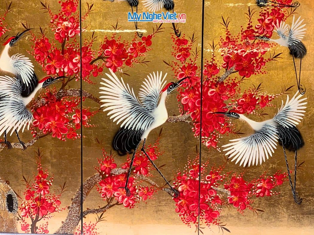 Bộ tranh sơn mài cò đào nền vàng (4 tấm) MNV-TSM2510