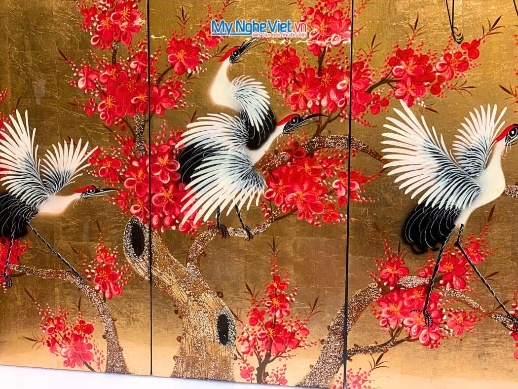 Bộ tranh sơn mài cò đào nền vàng (4 tấm) MNV-TSM2510