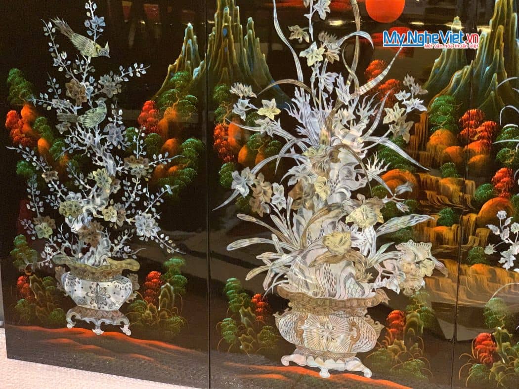 Bộ 4 tranh sơn mài mai lan cúc trúc nền ấm cẩn chìm chậu MNV-TSM22-1