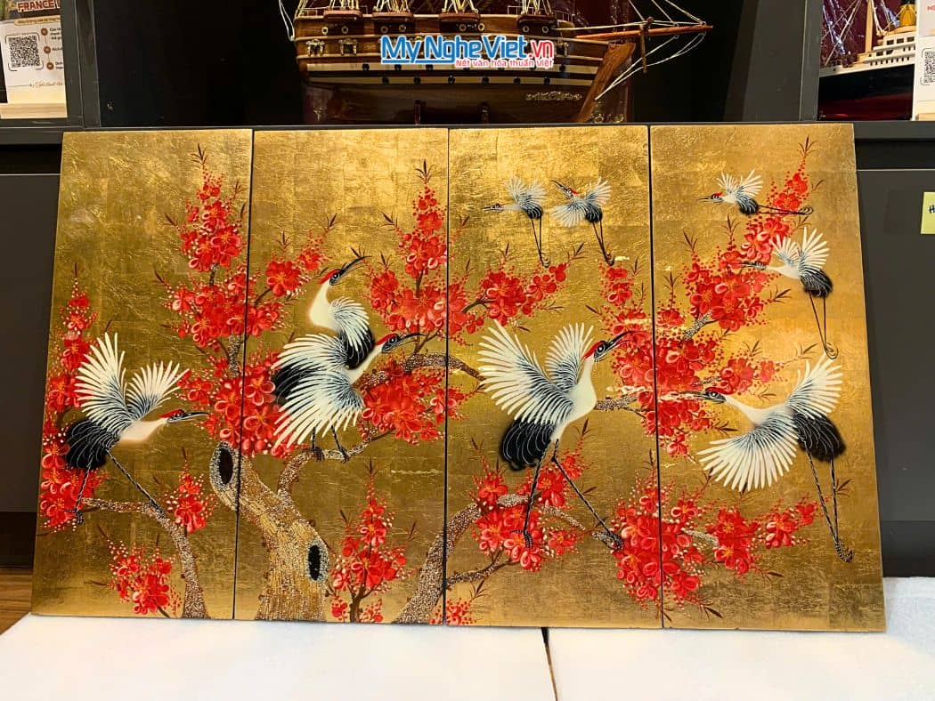 Bộ tranh sơn mài cò đào nền vàng (4 tấm) MNV-TSM2510