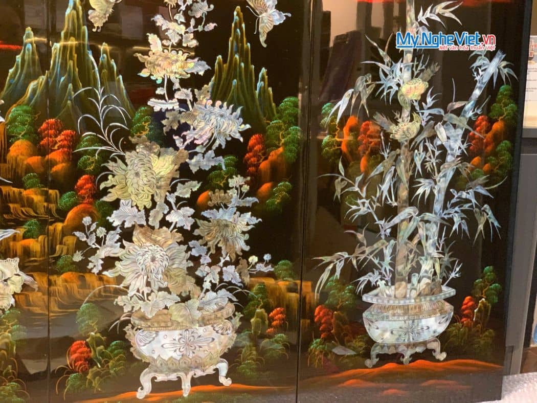 Bộ 4 tranh sơn mài mai lan cúc trúc nền ấm cẩn chìm chậu MNV-TSM22-1