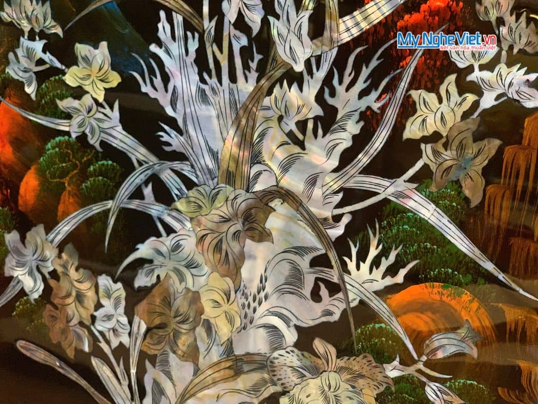 Bộ 4 tranh sơn mài mai lan cúc trúc nền ấm cẩn chìm chậu MNV-TSM22-1