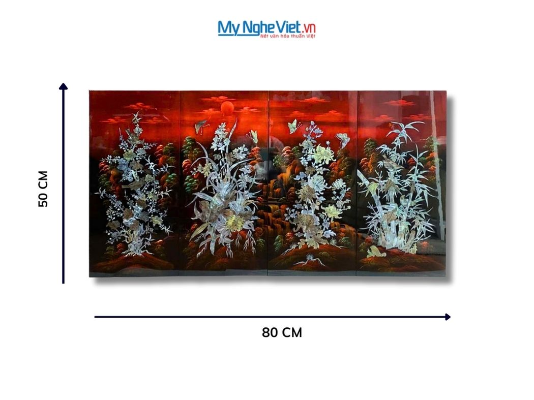 Bộ Tranh Sơn Mài Mai Lan Cúc Trúc Gốc Nền Ấm Cẩn Ốc Nổi TSM365