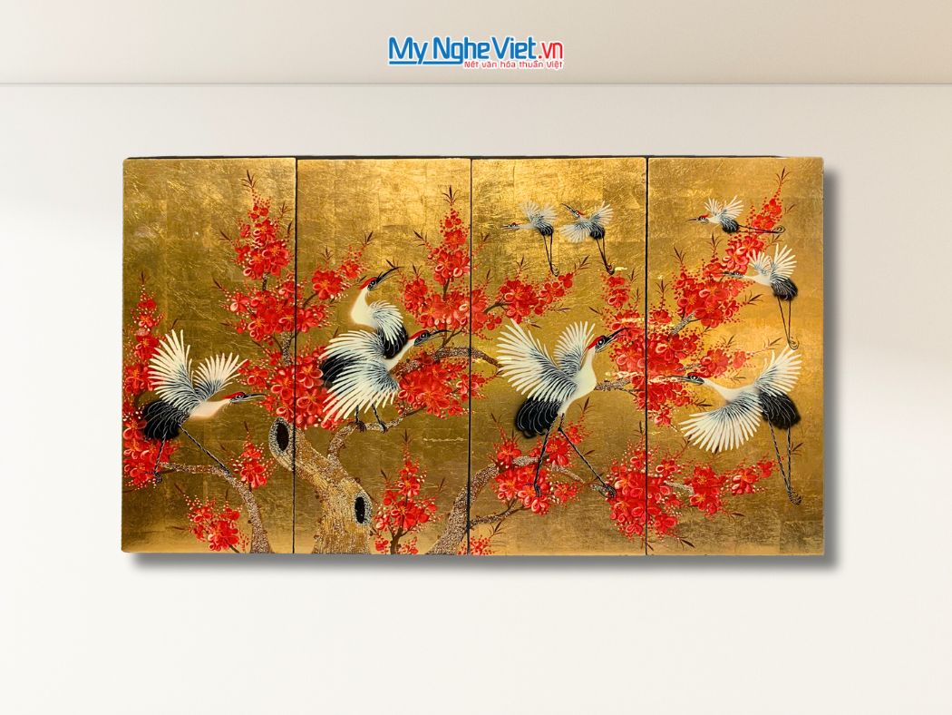 Bộ tranh sơn mài cò đào nền vàng (4 tấm) MNV-TSM2510