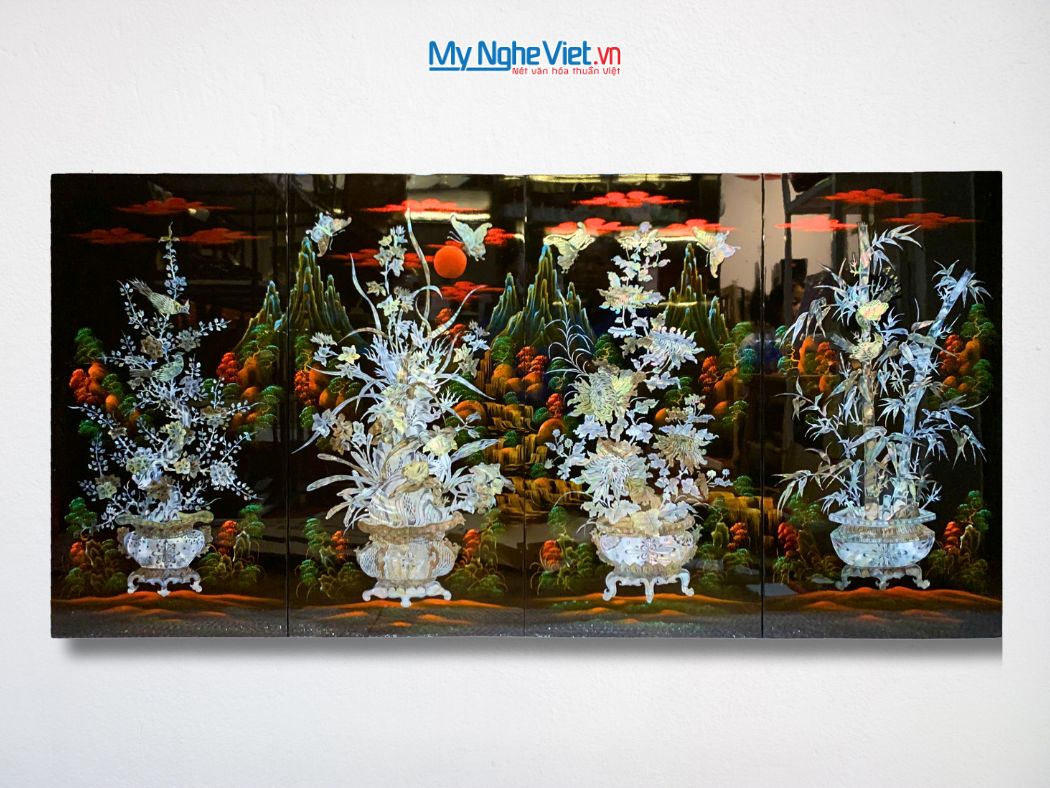 Bộ 4 tranh sơn mài mai lan cúc trúc nền ấm cẩn chìm chậu MNV-TSM22-1