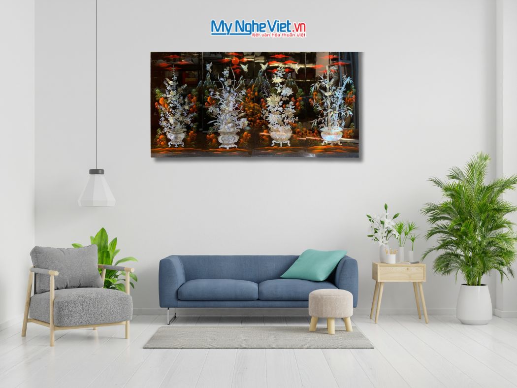 Bộ 4 tranh sơn mài mai lan cúc trúc nền ấm cẩn chìm chậu MNV-TSM22-22