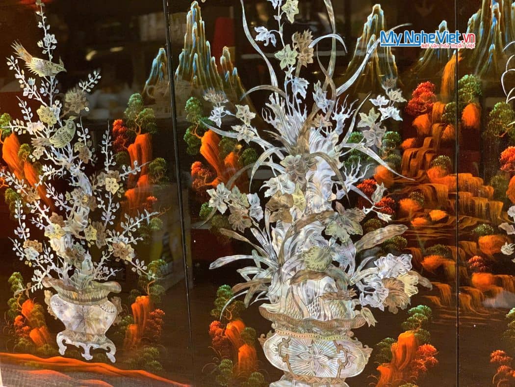 Bộ 4 tranh sơn mài mai lan cúc trúc nền ấm cẩn chìm chậu MNV-TSM22-22